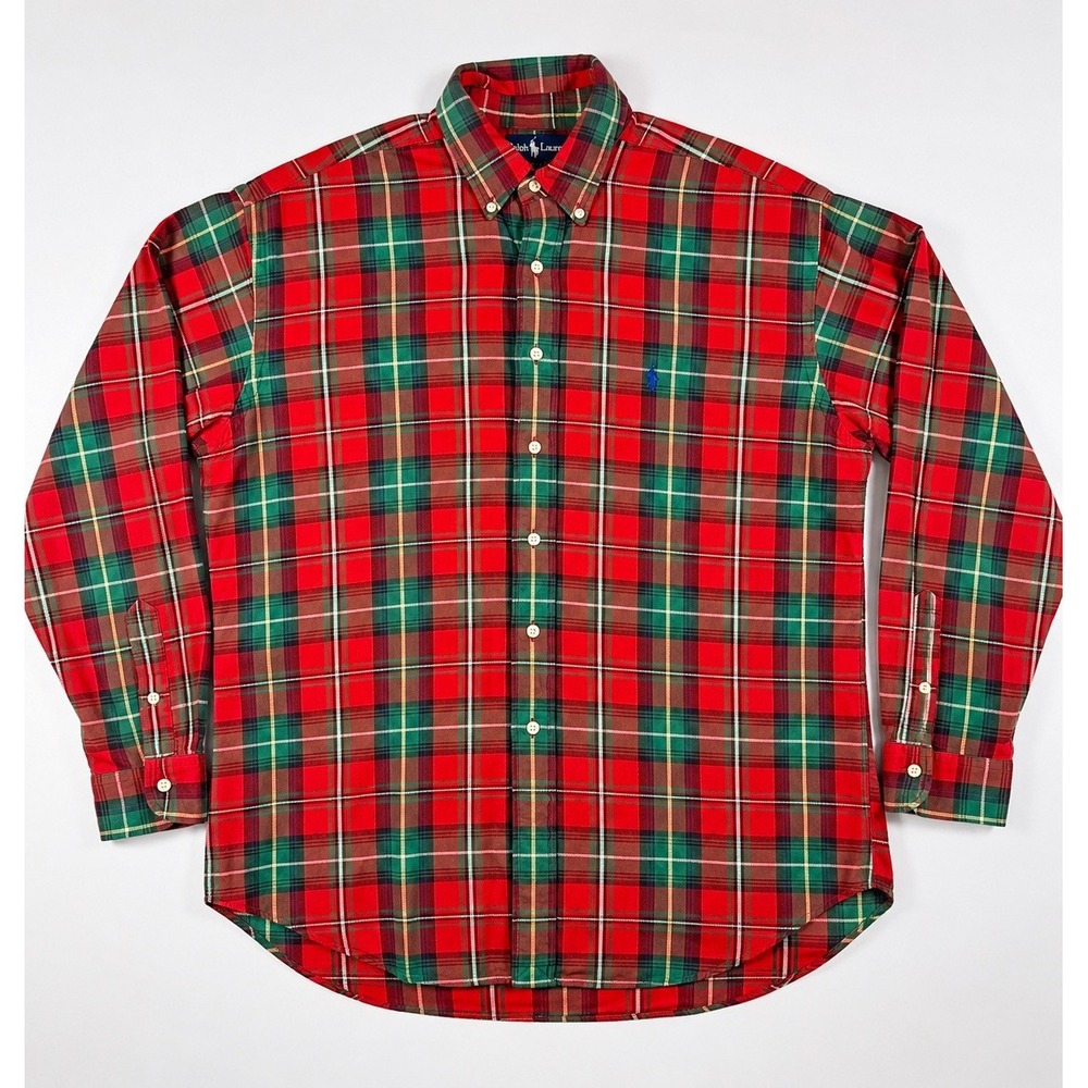 Ralph Lauren Mens Flannel Shirt L Red Green Plaid Blair Cotton Button Down